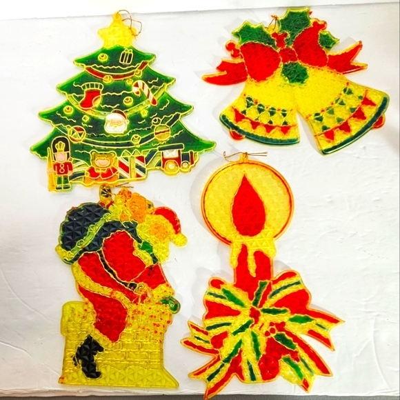 Vintage Faux Stained Glass (HARD PLASTIC)Christmas Holiday Sun Catcher Ornaments - Picture 1 of 5